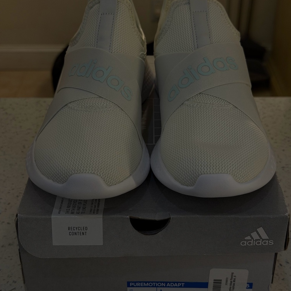 adidas Puremotion Adapt.  White Slip-On Mesh Sneakers with Mint Logo small stain